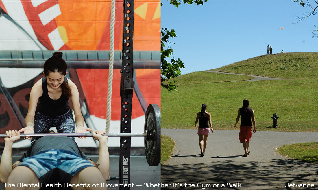 Two friends walking outdoors, with a gym in the background showing people training.
