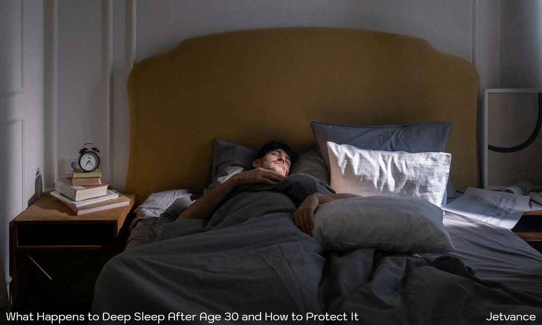 Adult peacefully asleep in bed with soft lighting, representing deep sleep restoration