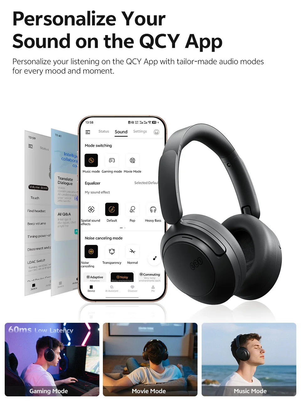 QCY H3S -56dB Adaptive ANC Over Ear Headphone Hi-Res LDAC Spatial Sound Wireless Earphone Bluetooth 6.0 Dual Driver 102H Headset Jetvance