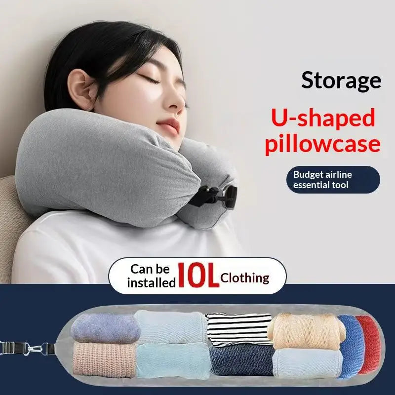 Travel Neck Pillow With Fillable Clothing Storage Bag U-Shaped Pillowcase Crystal Fleece Neck Pillow Cover For Airplane Travel Jetvance