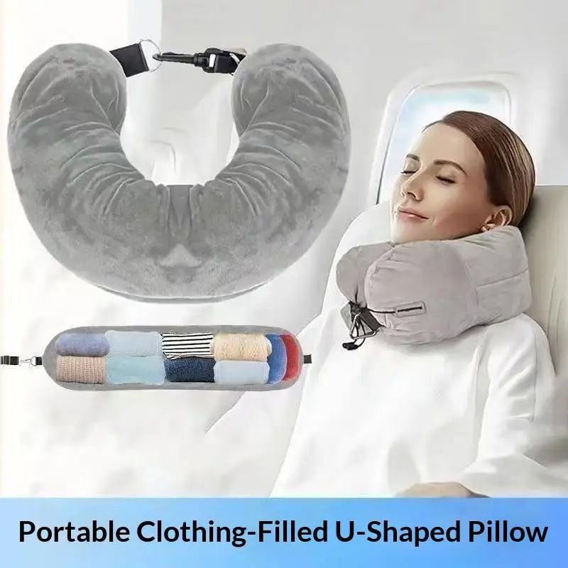 Travel Neck Pillow With Fillable Clothing Storage Bag U-Shaped Pillowcase Crystal Fleece Neck Pillow Cover For Airplane Travel Jetvance