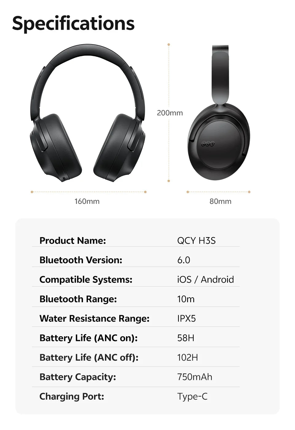 QCY H3S -56dB Adaptive ANC Over Ear Headphone Hi-Res LDAC Spatial Sound Wireless Earphone Bluetooth 6.0 Dual Driver 102H Headset Jetvance