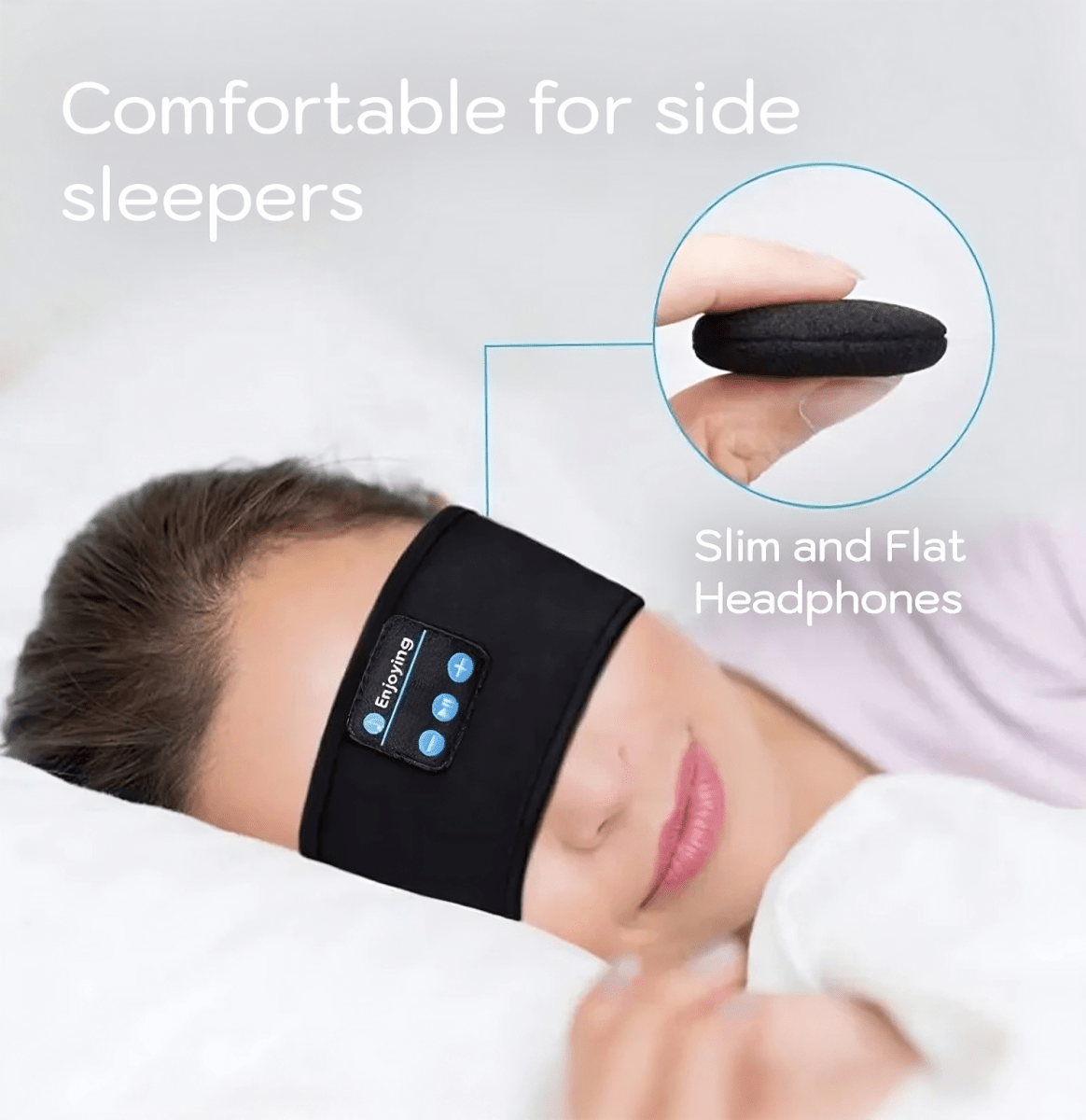 Serenity from Jetvance Wireless audio headband worn sleeping on the side